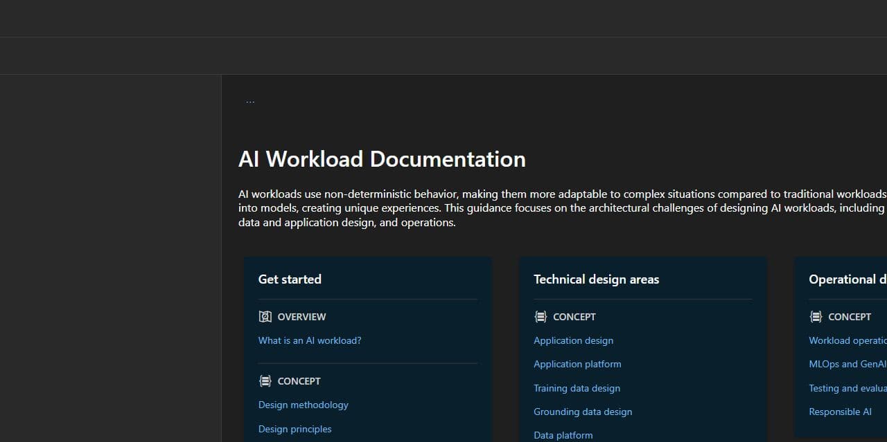 Microsoft Azure Well-Architected Framework 的 AI 工作负载文档页面