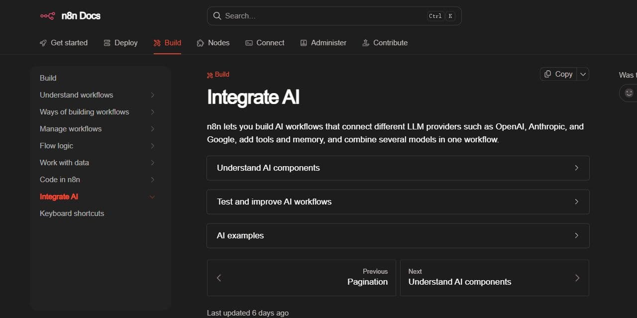 n8n 官方文档的 AI 工作流集成页面