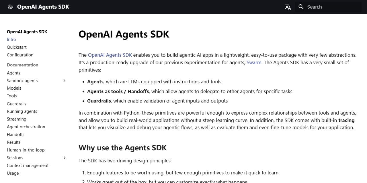 OpenAI Agents SDK 官方文档页面,列出 Agent、Handoff、Guardrail 与 Tracing