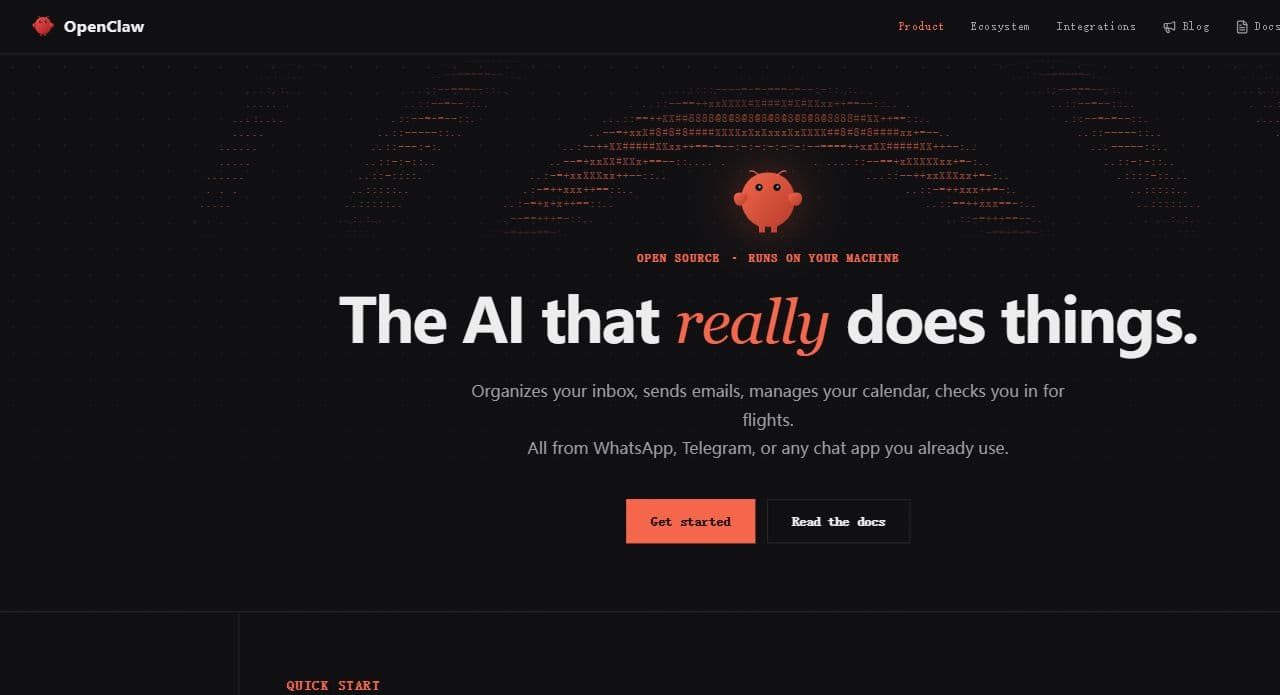 OpenClaw 官方网站首页,说明它是运行在本机的开源 AI 助手