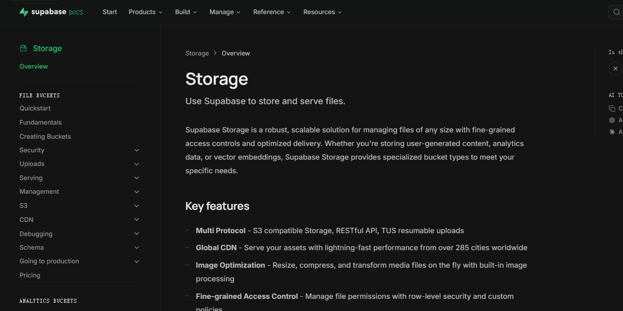 Supabase 官方 Storage 文档页面,展示文件存储与访问控制能力