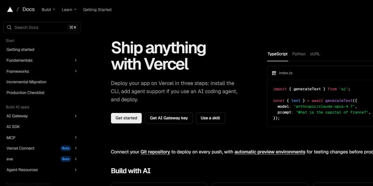 Vercel 官方文档页面,展示部署入口与代码示例